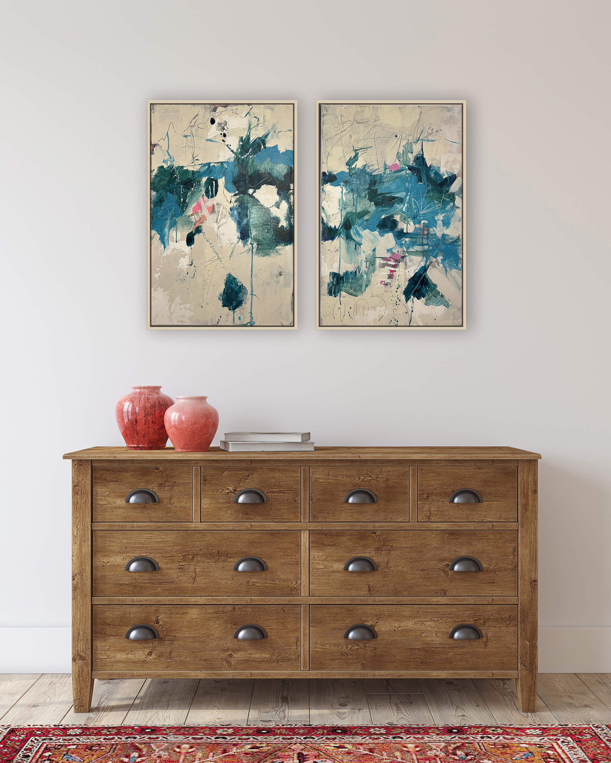 Cuadro MUNDO – díptico abstracto en tonos verdes y neutros, 2×60×40 cm