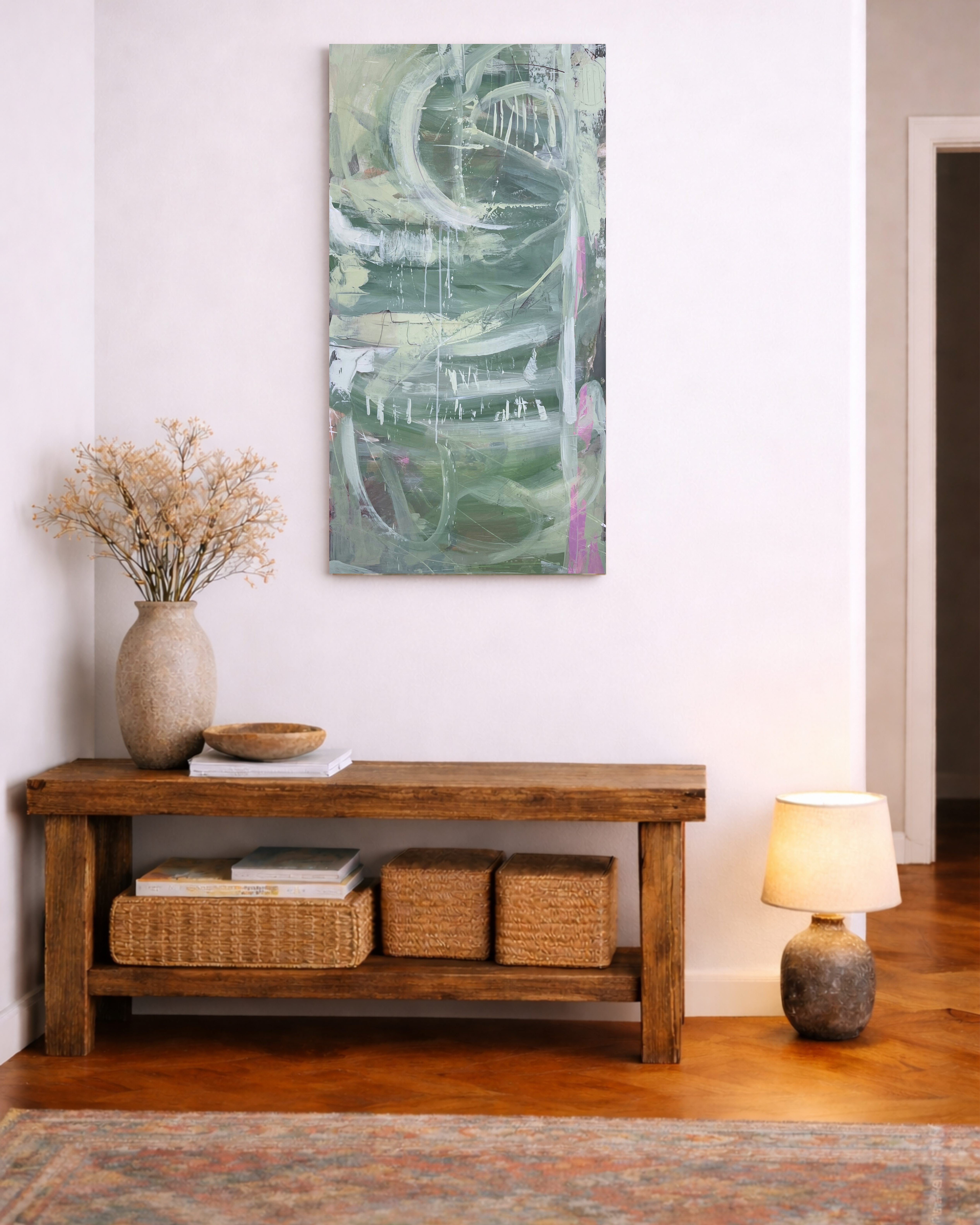 Cuadro BRUMA – obra abstracta en tonos verdes y grises, 120×60 cm