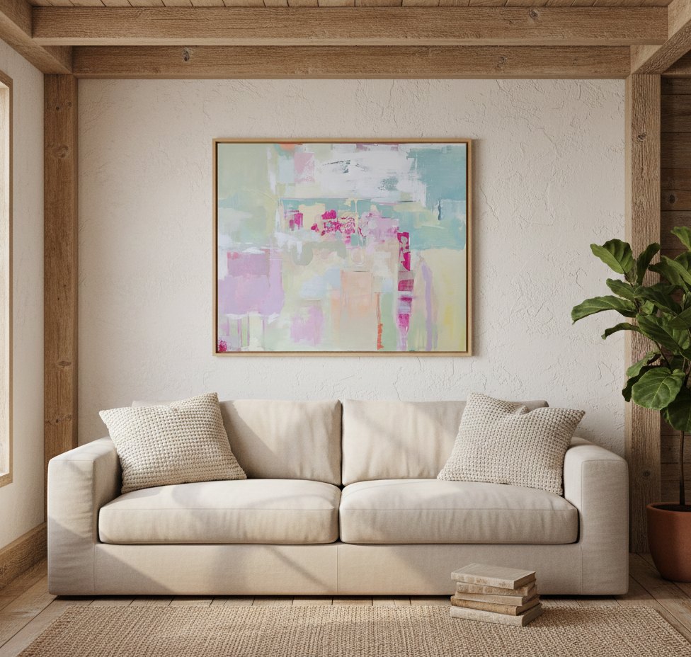 Cuadro IPOMEA – obra abstracta en tonos malva, rosa y verde, 100×120 cm